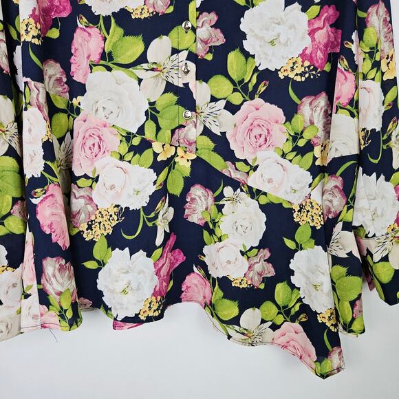 Cato Women’s XLP Floral Button Up Blouse Asymmetrical Hem Long Sleeve Career Top - Picture 7 of 13